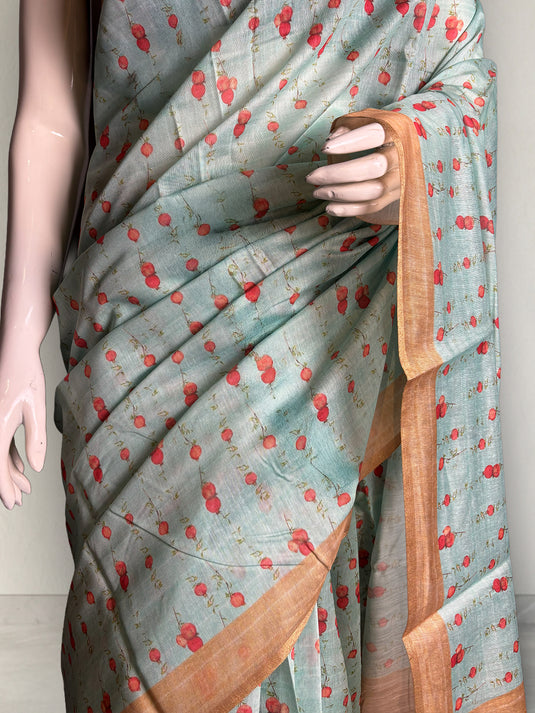 Blue Cotton Printed Saree
