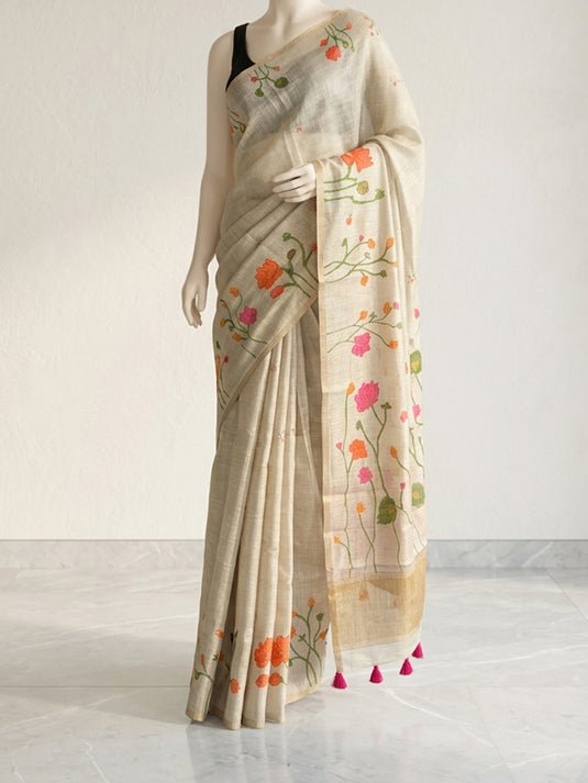 Off White Cotton Printed Saree