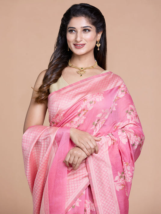 Pink Resham Weave Mulmul Cotton Saree