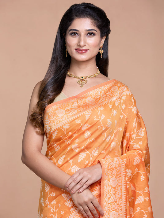 Orange Resham Weave Mulmul Cotton Saree