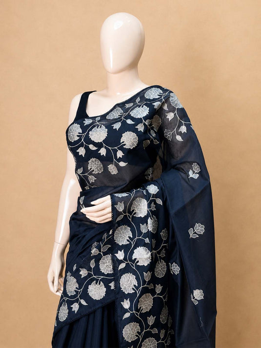 Black Chanderi Applique Work Saree