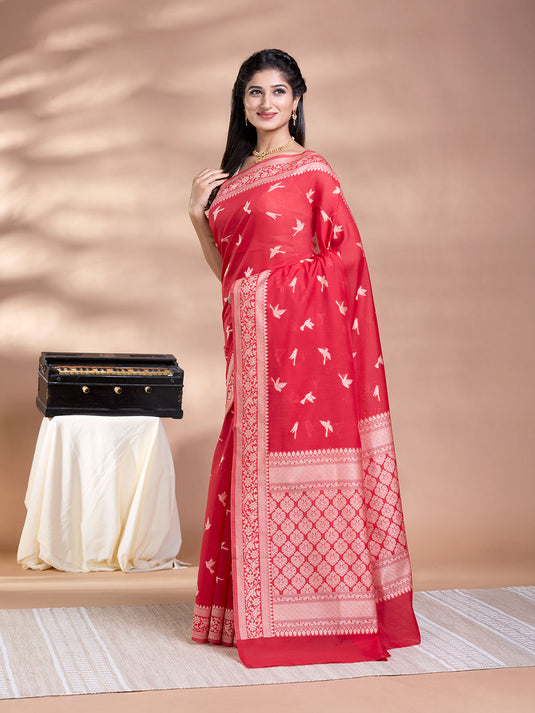 Red Resham Weave Banarasi Cotton Saree