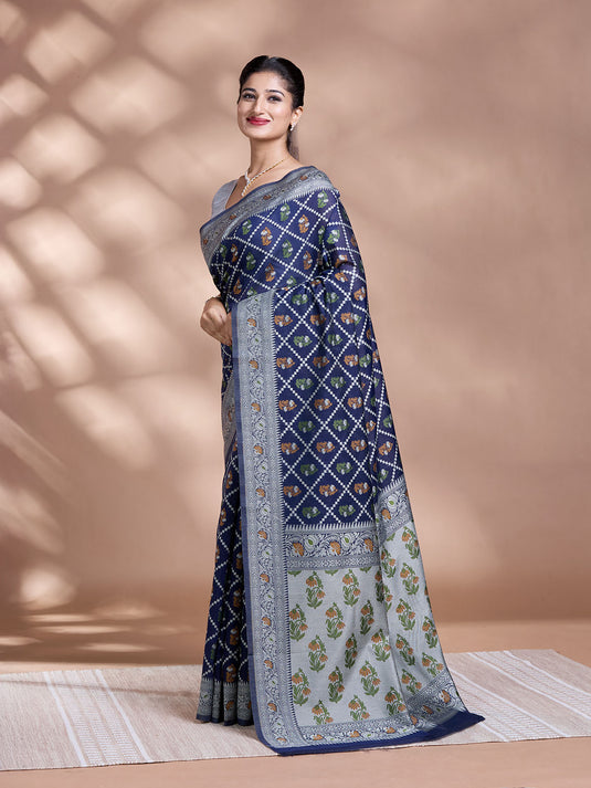 Blue Resham Weave Mulmul Cotton Saree