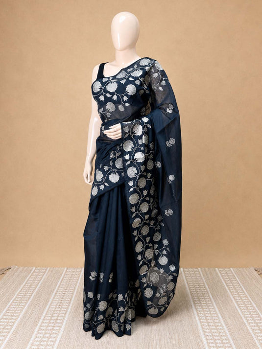 Black Chanderi Applique Work Saree