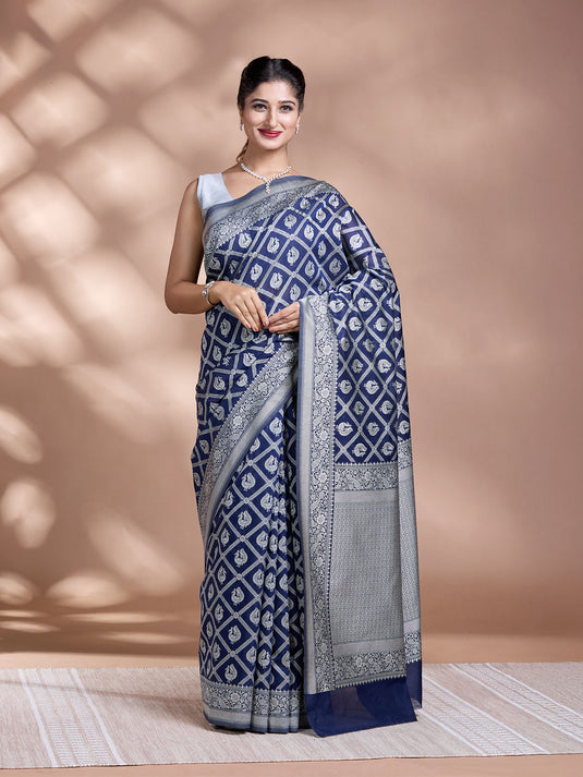Blue Resham Weave Mulmul Cotton Saree