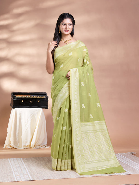 Green Resham Weave Banarasi Cotton Saree