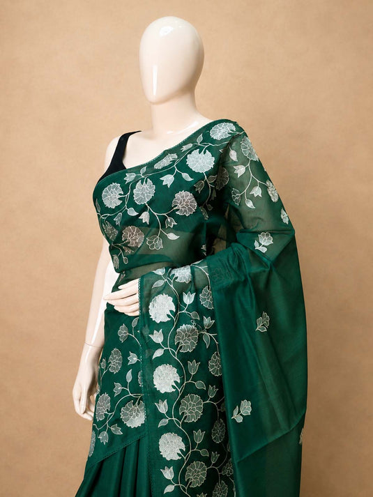 Green Chanderi Applique Work Saree