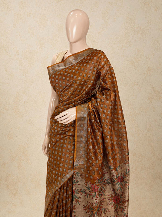 Yellow Tussar Printed Saree