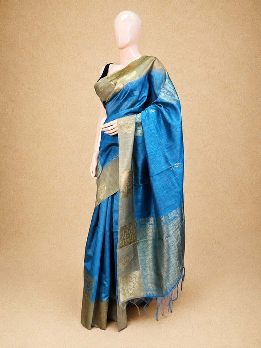 Blue tussar Silk Zari Woven Saree