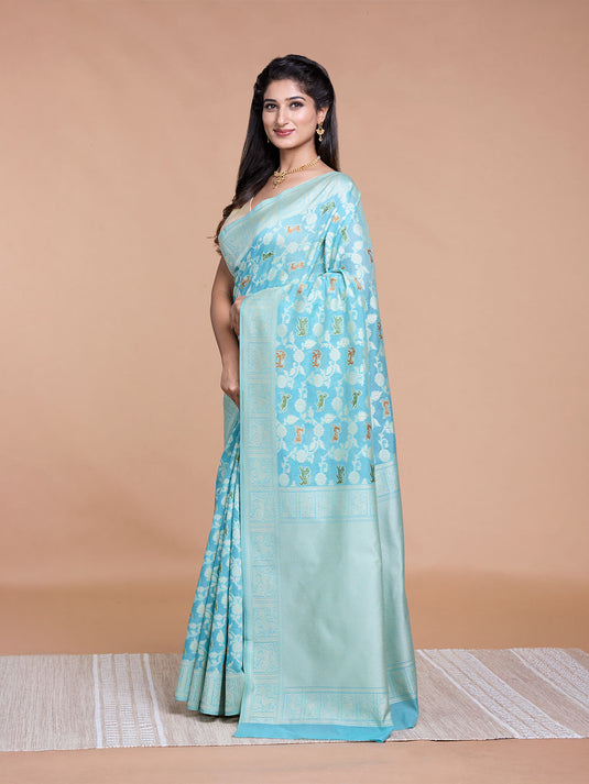 Firozi Resham Weave Banarasi Cotton Saree