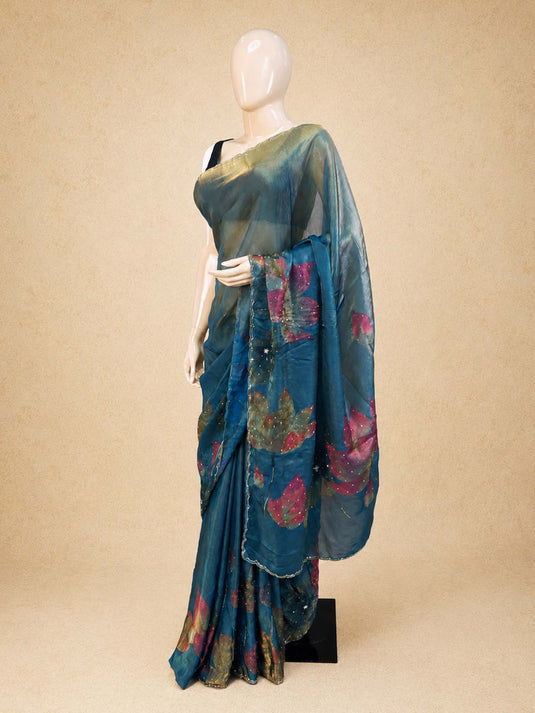 Blue Satin Tissue Embroidered Saree