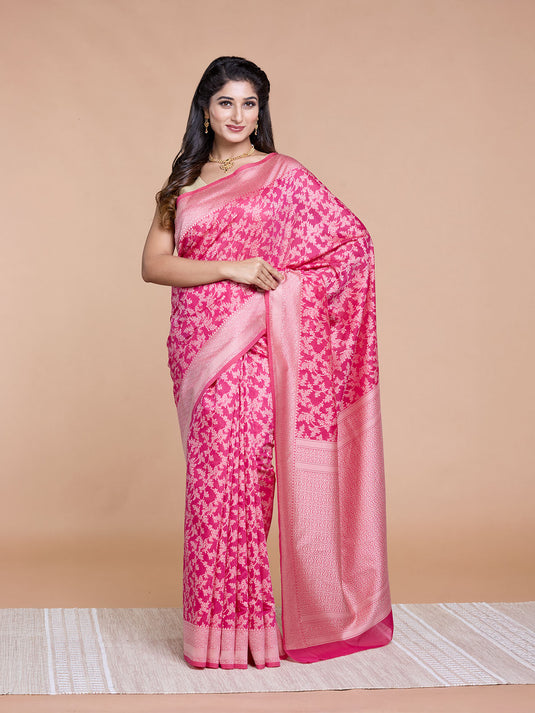 Rani Pink Resham Weave Banarasi Cotton Saree