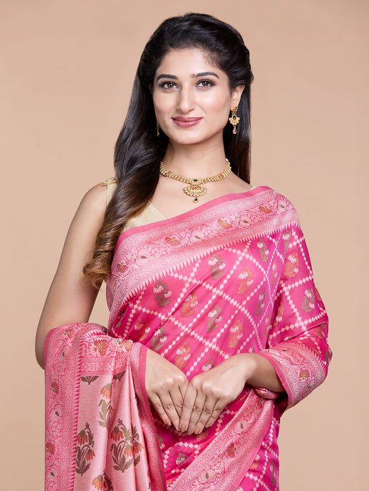 Rani Pink Resham Weave Mulmul Cotton Saree