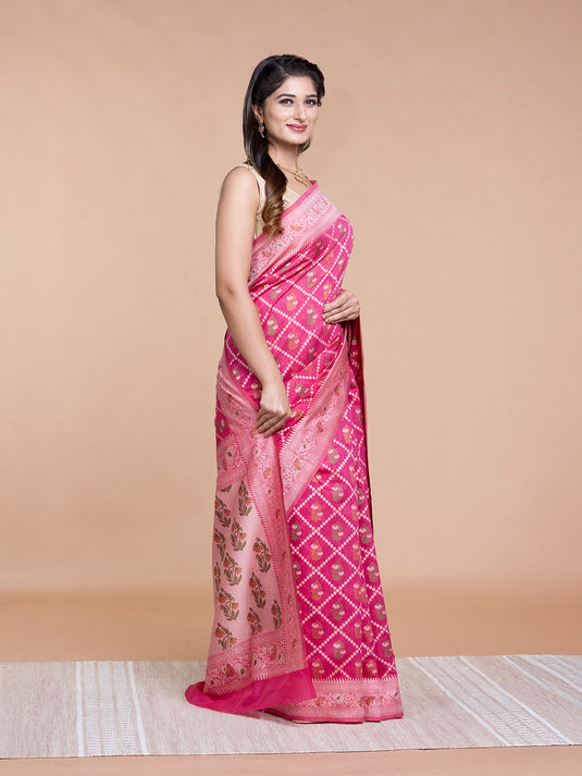 Rani Pink Resham Weave Mulmul Cotton Saree