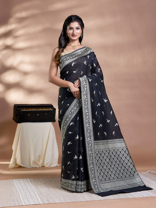 Black Resham Weave Mulmul Cotton Saree