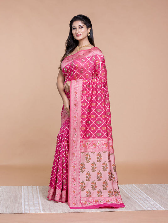 Rani Pink Resham Weave Mulmul Cotton Saree