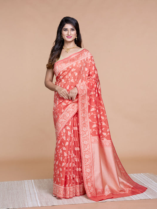 Rust Resham Weave Banarasi Cotton Saree