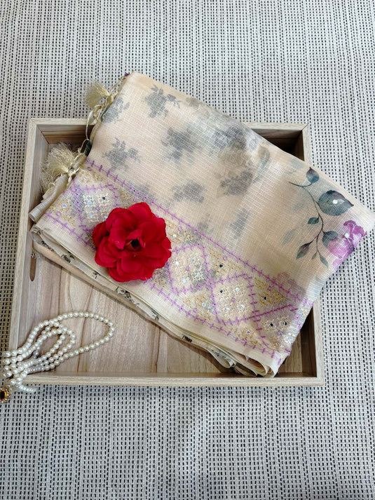 Beige Kota Silk Printed Saree