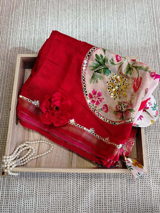 Red Dola Silk Patchwork Saree