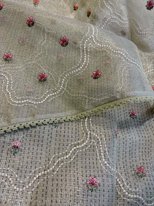 Green Kota Tissue Embroidered Saree