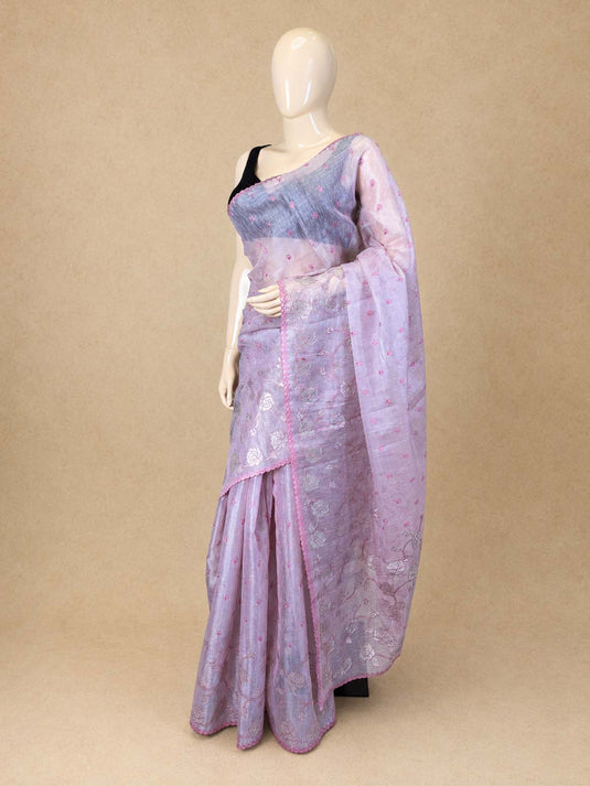 Pink Linen Embroiderd Applique Saree