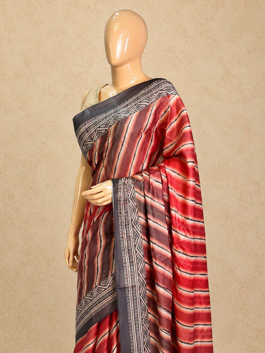 Red and Grey Tussar Printed Saree