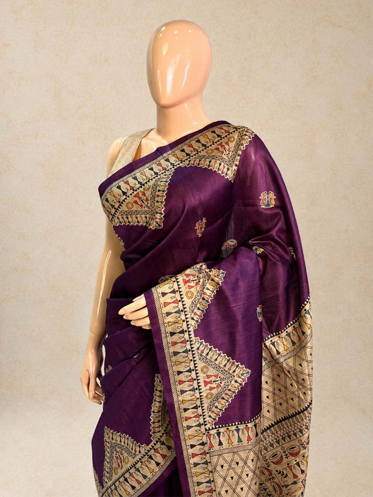 Purple Tussar Printed Saree