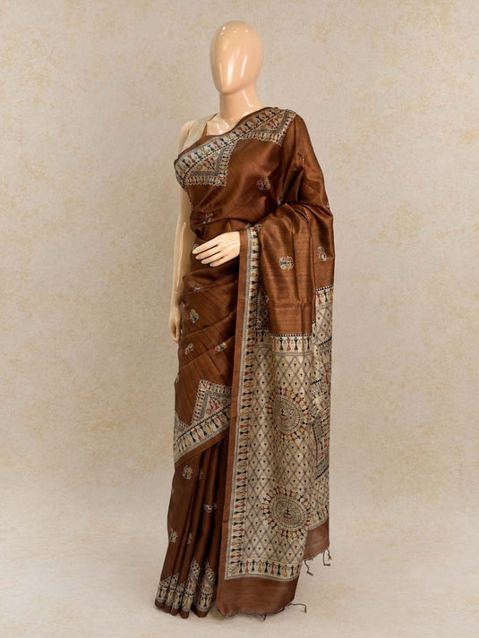 Brown Tussar Printed Saree