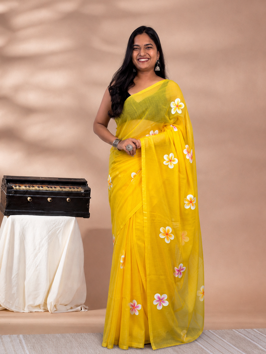 Yellow Cotton Hand Painted Saree