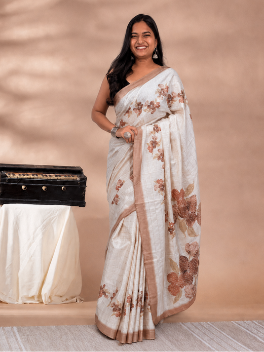 Beige Tussar Silk Printed Saree