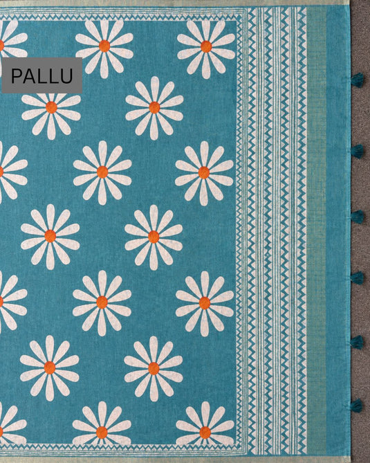 Blue Cotton Printed Saree