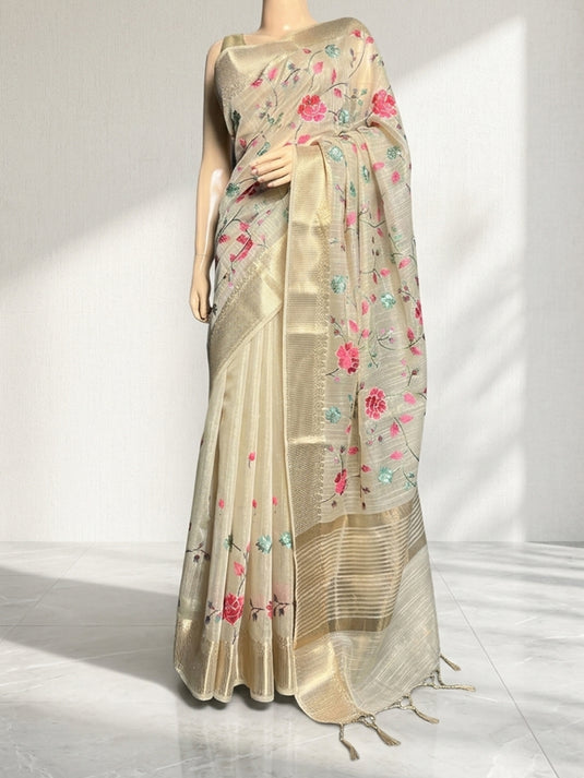 Beige Linen Tissue Embroidered Saree