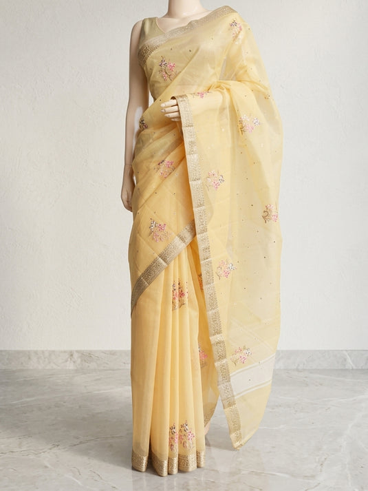 Yellow Supernet Cotton Embroidered Saree