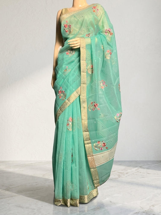 Green Supernet Cotton Embroidered Saree