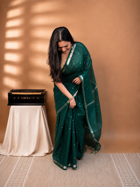 Dark Green Mul Chanderi Zari Weaving Saree