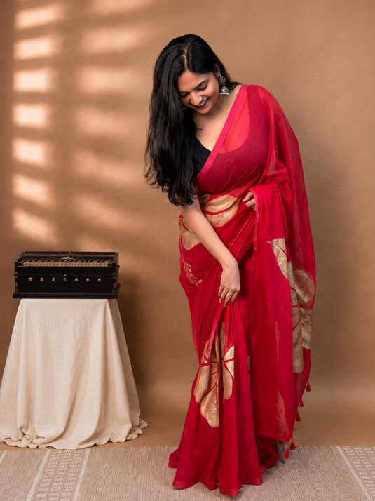 Red Cotton Hand Painted Saree