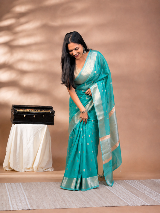 Teal Mul Chanderi Zari Weaving Saree
