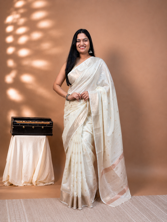 White Mul Chanderi Zari Weaving Saree