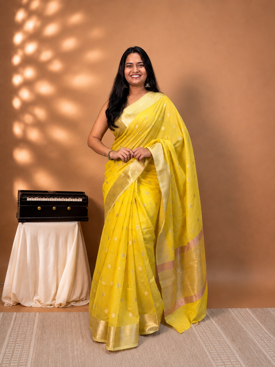 Yellow Mul Chanderi Zari Weaving Saree