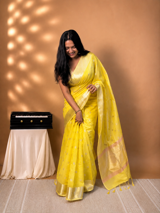 Yellow Mul Chanderi Zari Weaving Saree