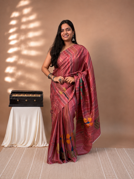 Pink Tussar Printed Saree
