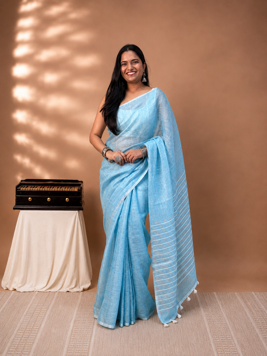 Blue Linen Saree