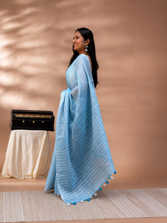Blue Linen Saree
