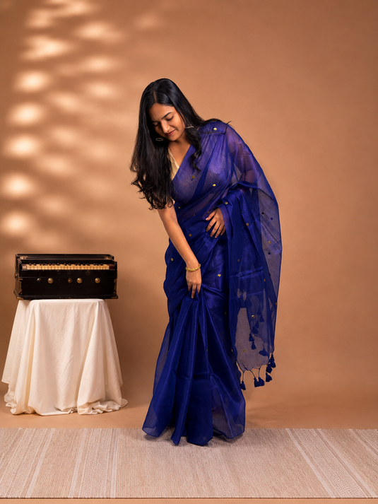 Blue Cotton Tissue Coin Sequence Saree