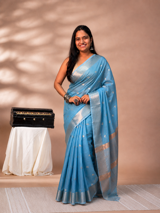 Blue Mul Chanderi Zari Weaving Saree