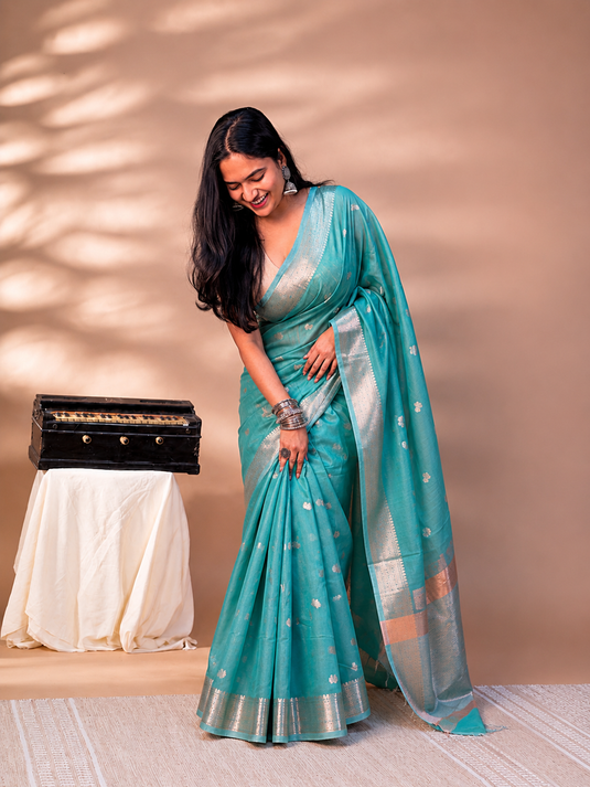 Green Mul Chanderi Zari Weaving Saree