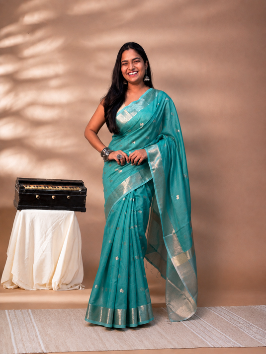 Green Mul Chanderi Zari Weaving Saree