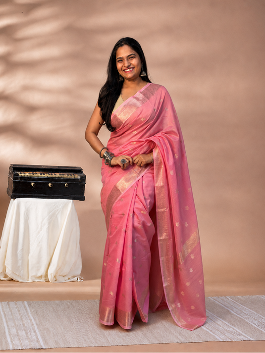 Pink Mul Chanderi Zari Weaving Saree