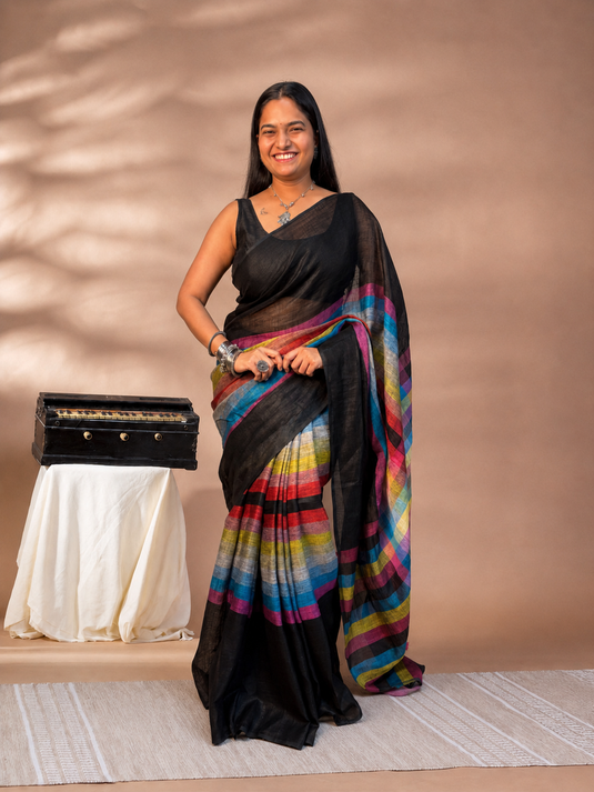 Black Linen Madras Checks Inspired Saree