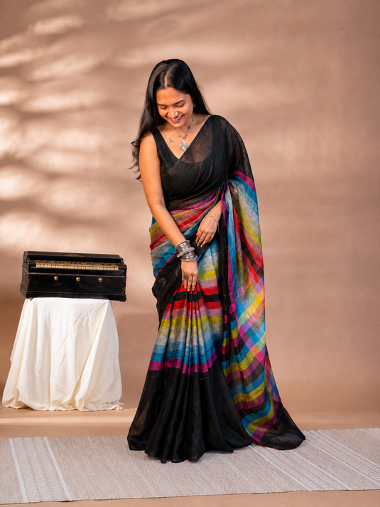 Black Linen Madras Checks Inspired Saree
